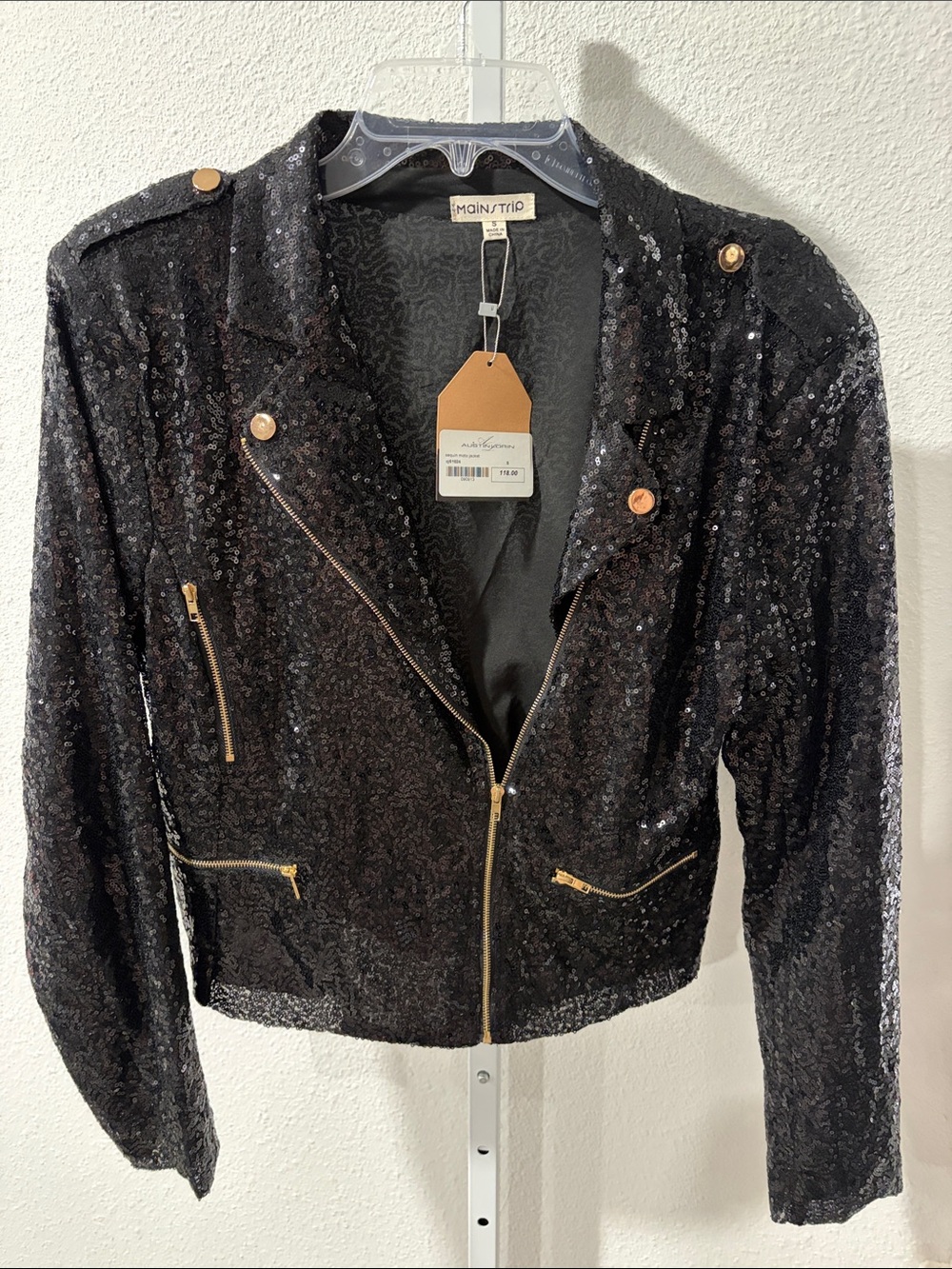 Main Strip Black Sequin Moto Jacket with Gold Hardware Accents